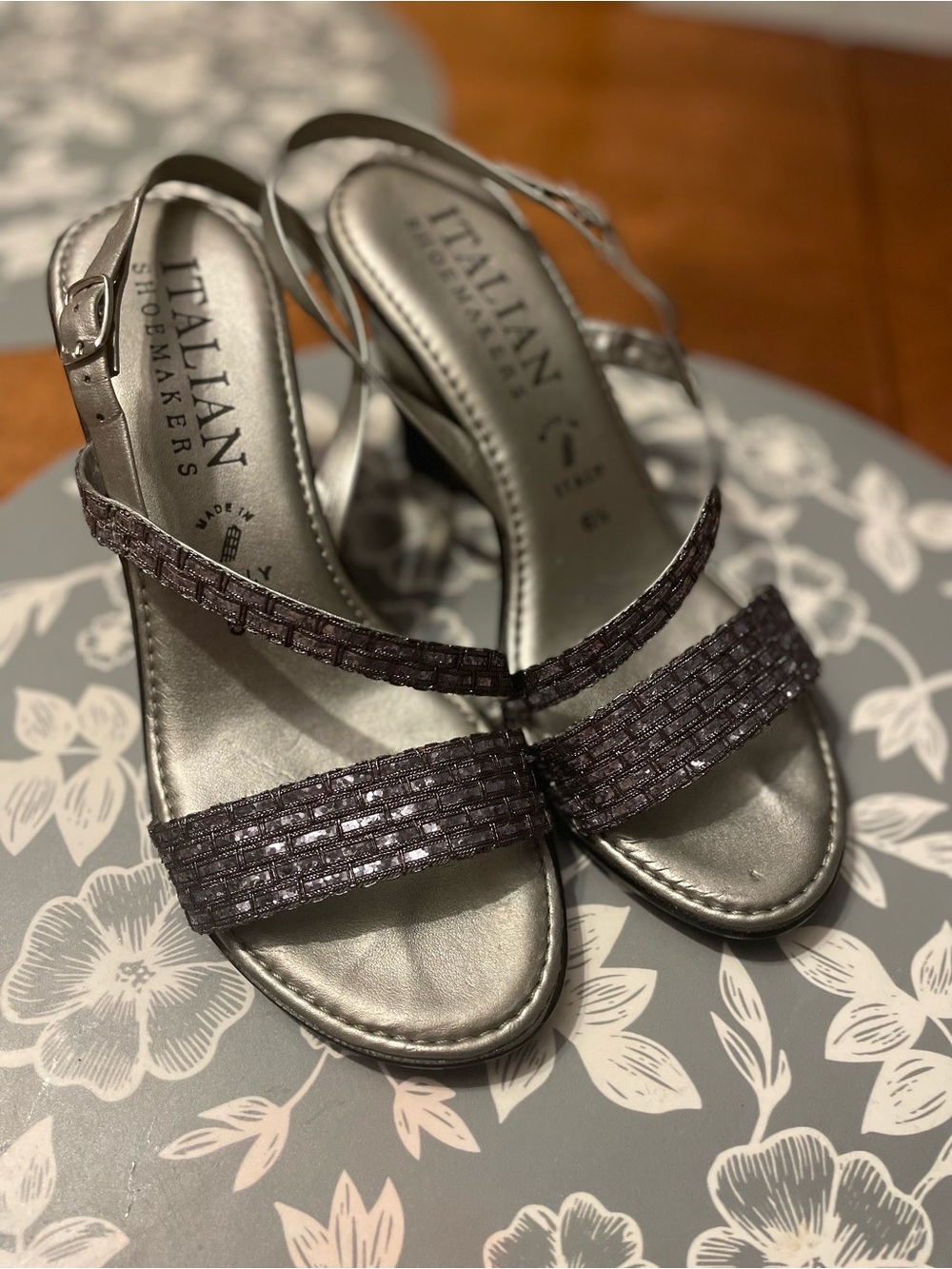 Italian Shoemakers Gunmetal Woven-Strap Slingback Sandals